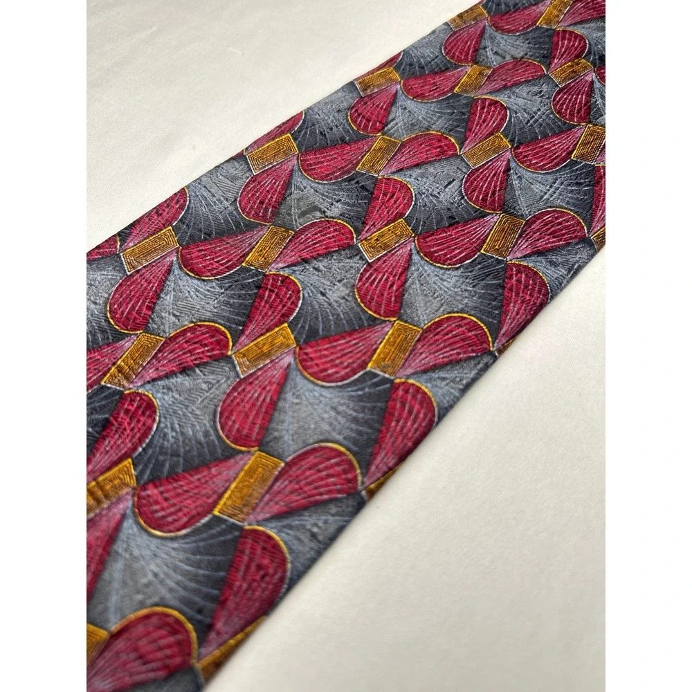 Ermenegildo Zegna Tie Silk Italy Burgundy Gray Gold Geometric Disegno Esclusivo
